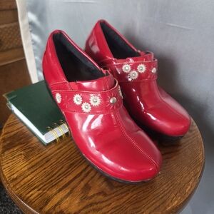 Spring Step Red Mules with Floral Embellishments